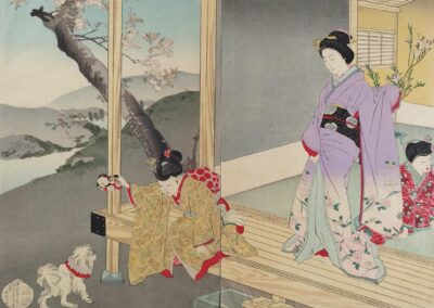 TSUKIOKA, Kogyo, Chica jugando con el perro, 1892
